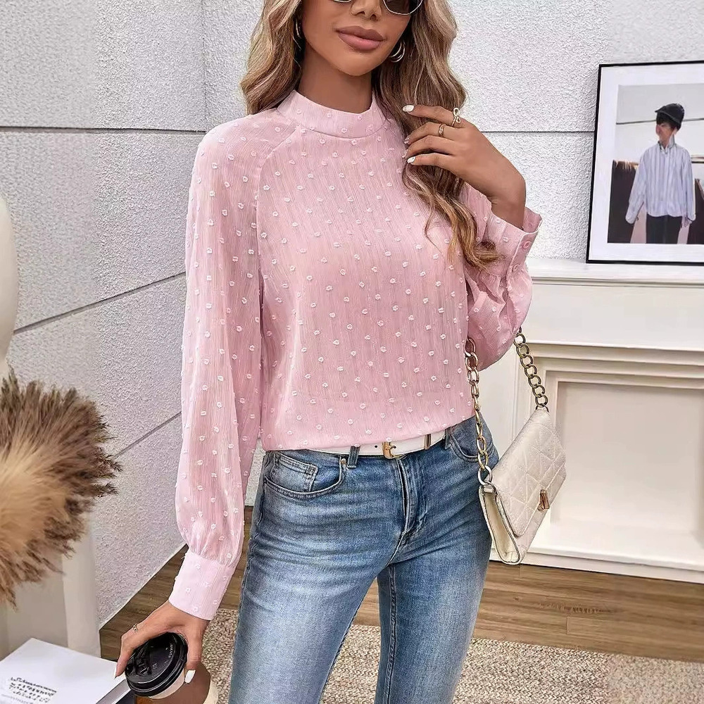 H&M Chic Soft Sheer High Neck Pink Long Sleeve Autumn Blouse for Women